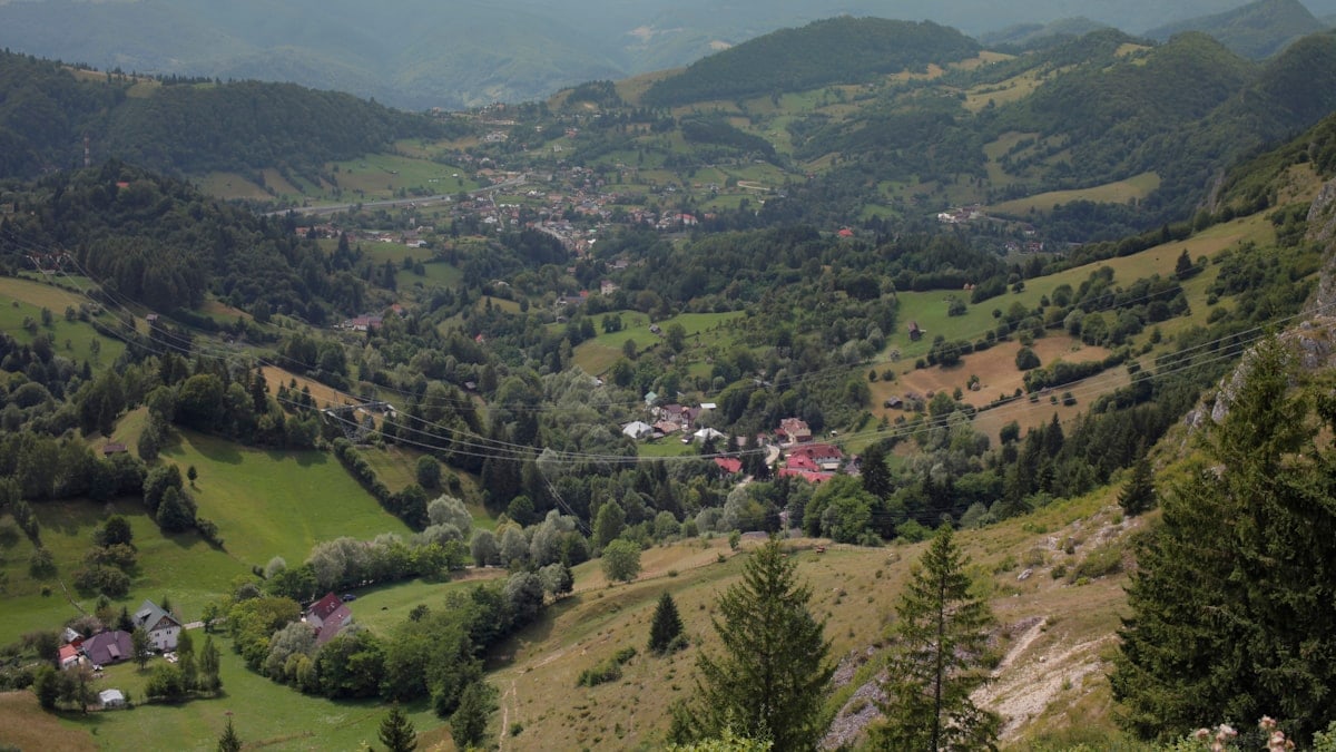 A scenic view of a valley and mountains